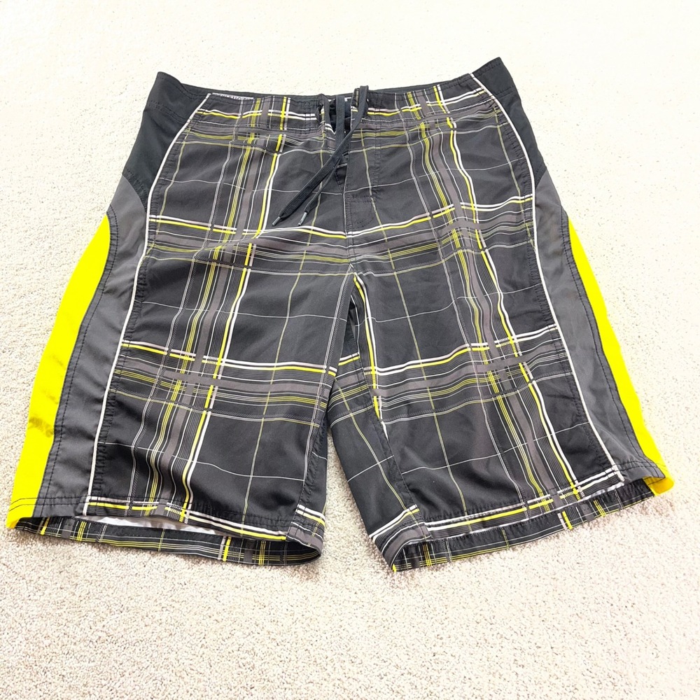 BKE Sport Board Shorts‎ Mens 34 Black Plaid Athletic Fit Swimwear Drawstring